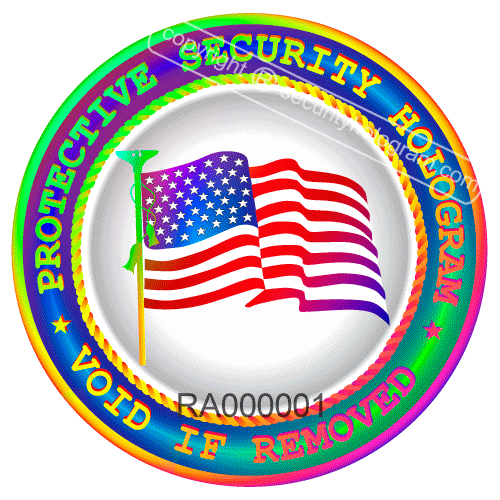 SH3020 "NULO SI SE QUITA" HOLOGRAMAS DE SEGURIDAD ALTAMENTE SEGUROS con BANDERA DE EE. UU. bajo LUPA VIRTUAL y NÚMEROS DE SERIE. 490/4.900/49.000